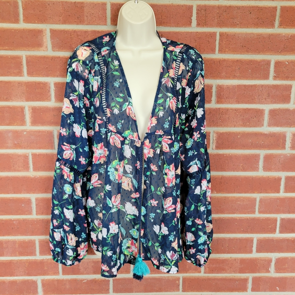 Time and Tru XL Navy Floral Sheer Tassel Tie Blouse Size 16-18.   #347